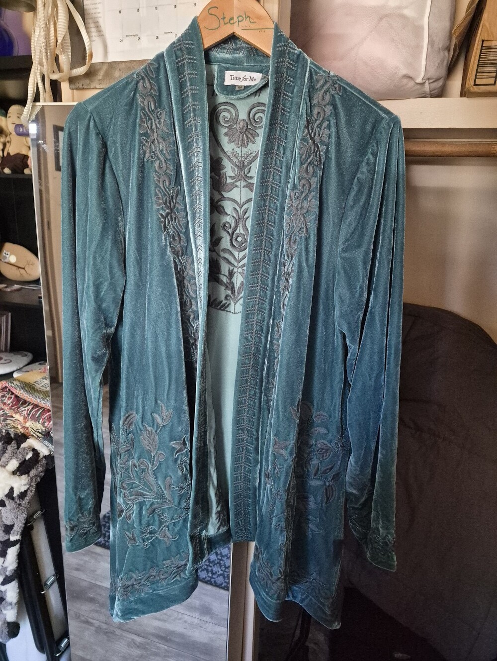Women's Teal Velvet Embroidered Open Jacket